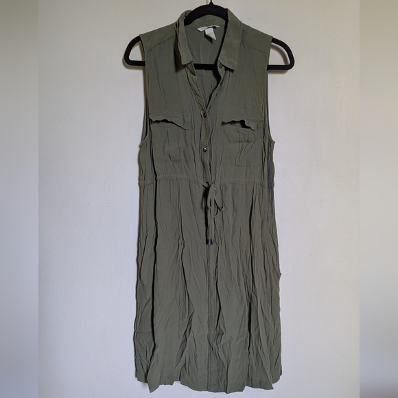 H&M Mama / Maternity Olive Green Sleeveless Shirt Dress Drawstring Waist Size L - Picture 1 of 4